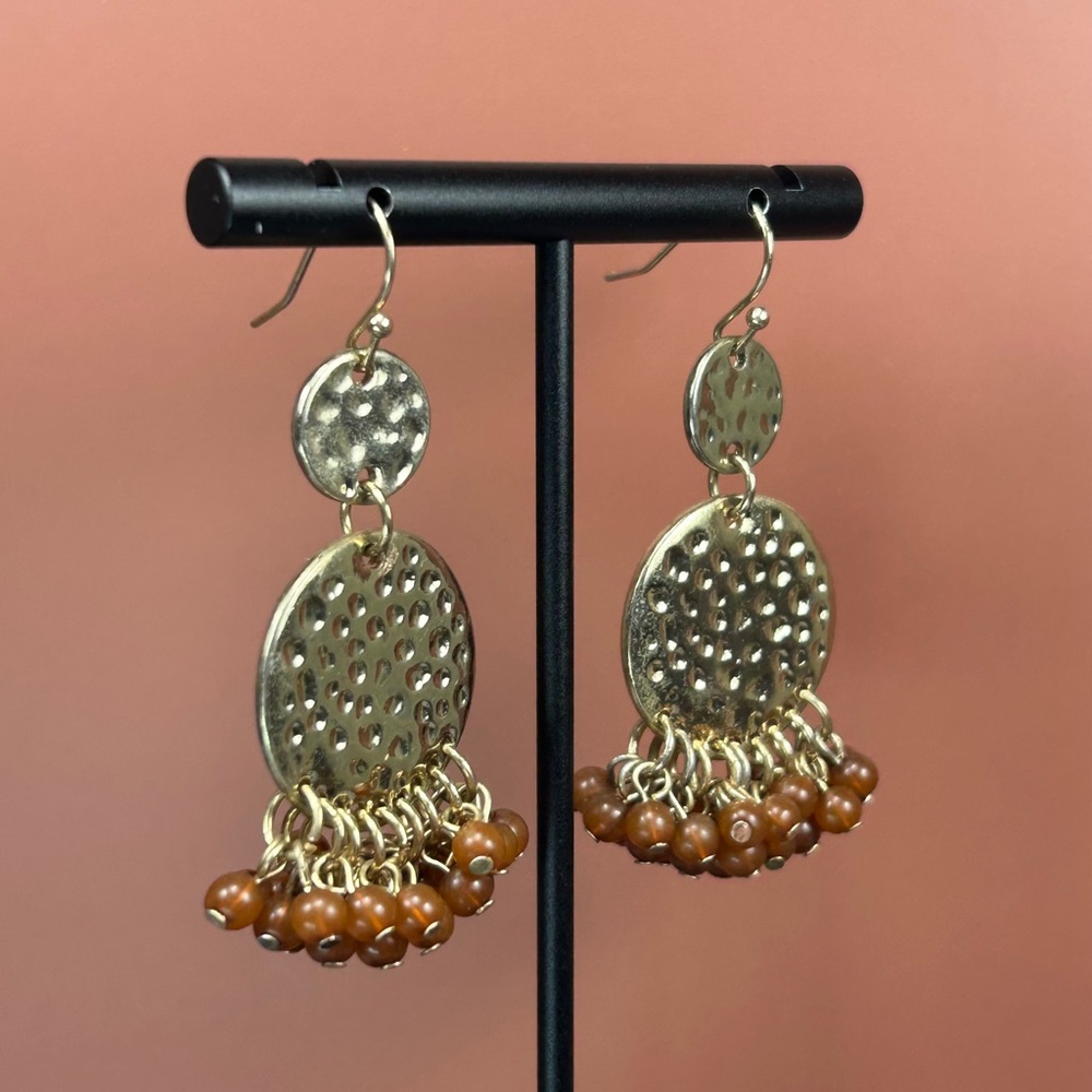 Cato’s Boho Hammered Gold and Amber Beaded Dangle Earrings